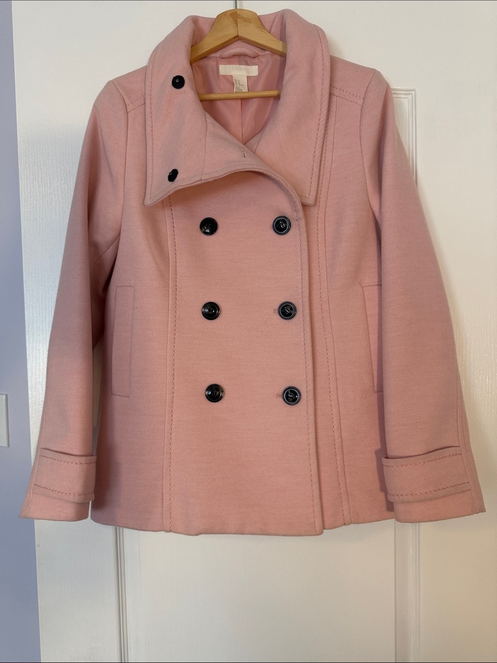 H&M Soft Pink Double‑Breasted Coat – Size 12 – Short Length